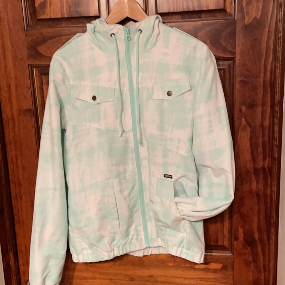Light teal hooded Volcom tie dye spring jacket “enemy lines” size Large